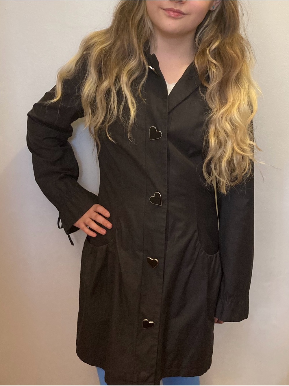 Betsey Johnson Vintage Black Trench Coat Heart Buttons Floral Lace Lining XS